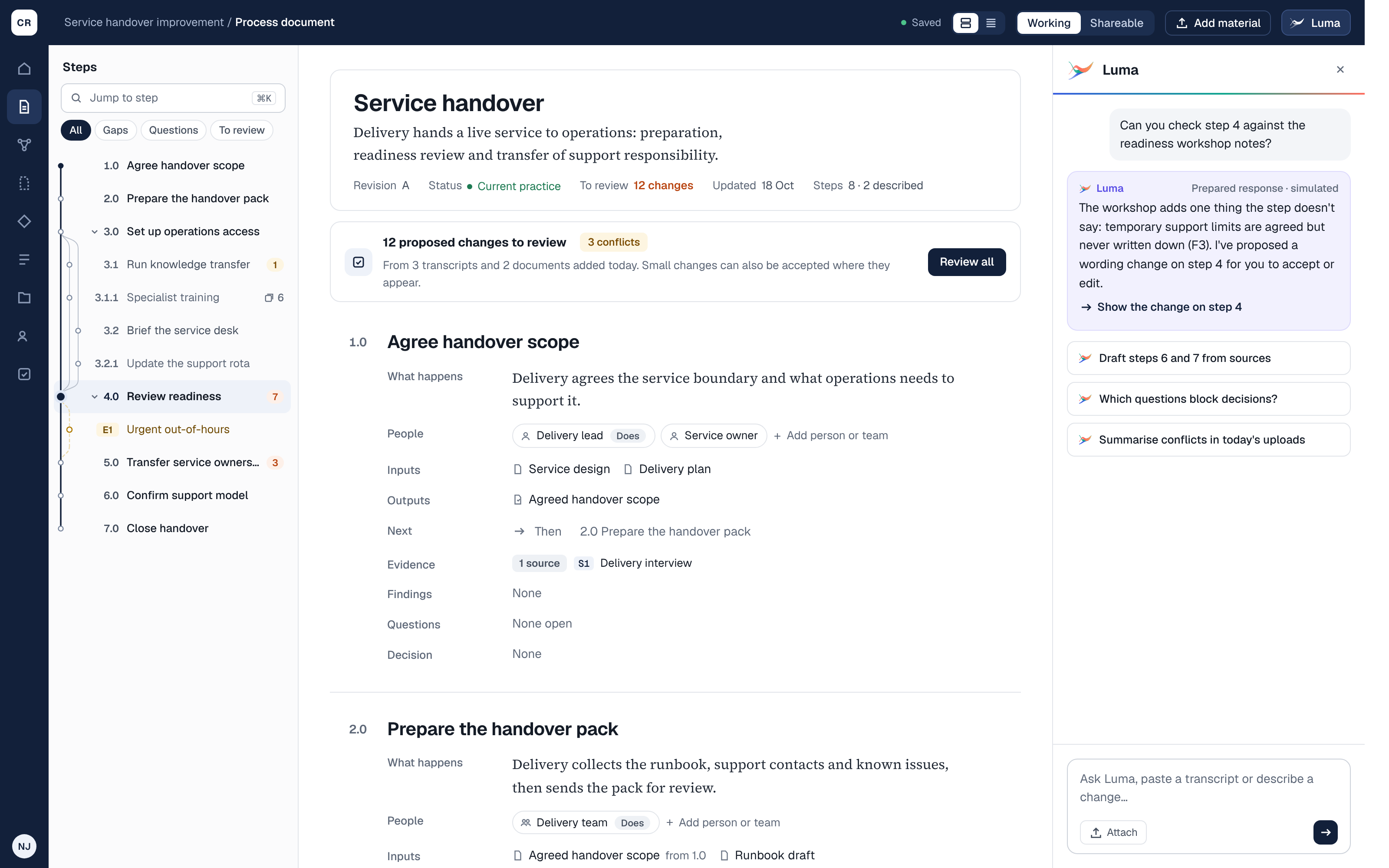 Latest process document with navigable outline and developing content